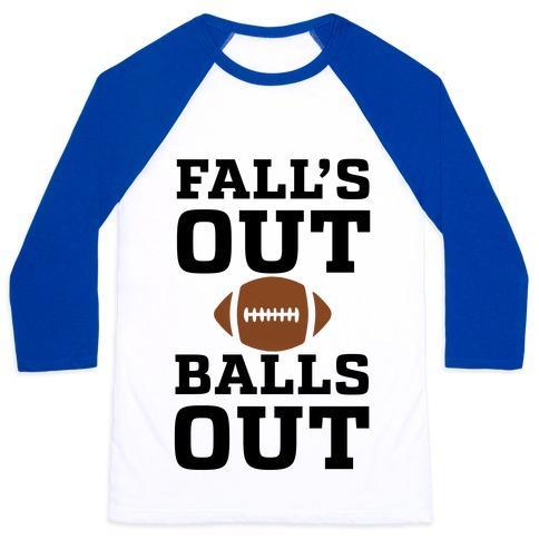 Virgin Teez  Baseball Tee Unisex Classic Baseball Tee / x-small / White/Blue FALLS OUT BALLS OUT (FOOTBALL)' UNISEX CLASSIC BASEBALL TEE