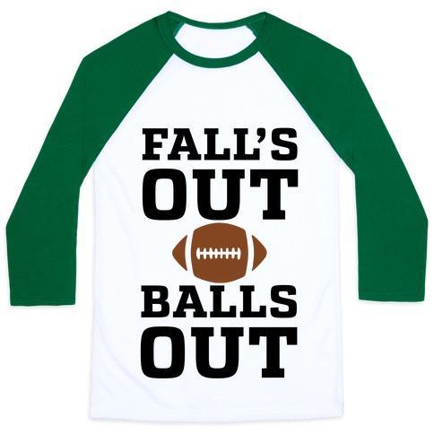 Virgin Teez  Baseball Tee Unisex Classic Baseball Tee / x-small / White/Dark Green FALLS OUT BALLS OUT (FOOTBALL)' UNISEX CLASSIC BASEBALL TEE