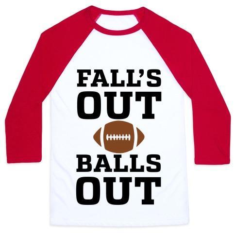Virgin Teez  Baseball Tee Unisex Classic Baseball Tee / x-small / White/Red FALLS OUT BALLS OUT (FOOTBALL)' UNISEX CLASSIC BASEBALL TEE