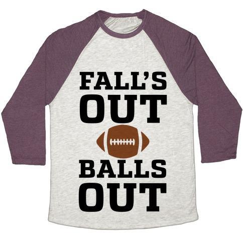Virgin Teez  Baseball Tee Unisex Tri-Blend Baseball Tee / small / Oatmeal / Maroon FALLS OUT BALLS OUT (FOOTBALL)' UNISEX TRI-BLEND BASEBALL TEE