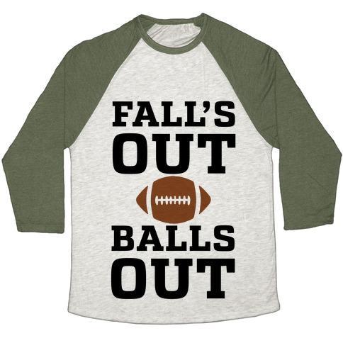 Virgin Teez  Baseball Tee Unisex Tri-Blend Baseball Tee / small / Oatmeal / Moss FALLS OUT BALLS OUT (FOOTBALL)' UNISEX TRI-BLEND BASEBALL TEE