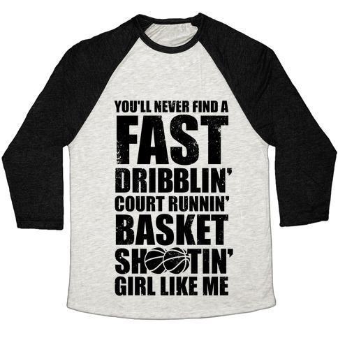 Virgin Teez  Baseball Tee Unisex Tri-Blend Baseball Tee / small / Oatmeal / Black FAST DRIBBLIN' COURT RUNNIN' BASKET SHOOTIN' GIRL (VINTAGE) UNISEX TRI-BLEND BASEBALL TEE