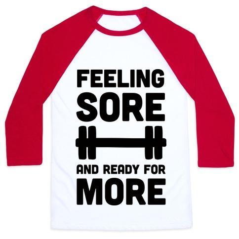 Virgin Teez  Baseball Tee Unisex Classic Baseball Tee / x-small / White/Red FEELING SORE AND READY FOR MORE UNISEX CLASSIC BASEBALL TEE