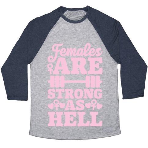 Virgin Teez  Baseball Tee Unisex Tri-Blend Baseball Tee / small / Athletic Gray / Navy FEMALES ARE STRONG AS HELL UNISEX TRI-BLEND BASEBALL TEE