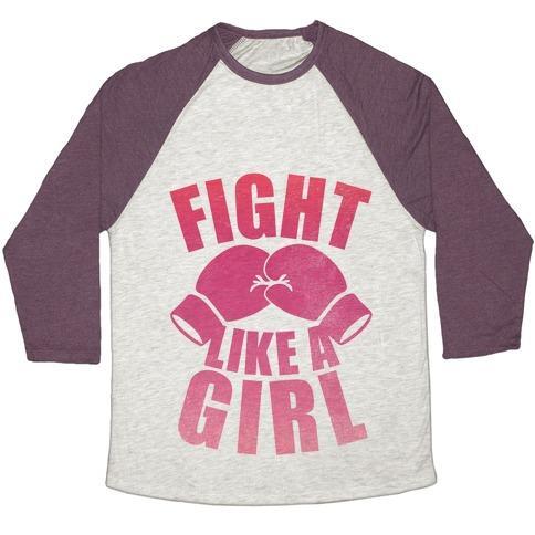Virgin Teez  Baseball Tee Unisex Tri-Blend Baseball Tee / small / Oatmeal / Maroon FIGHT LIKE A GIRL UNISEX TRI-BLEND BASEBALL TEE