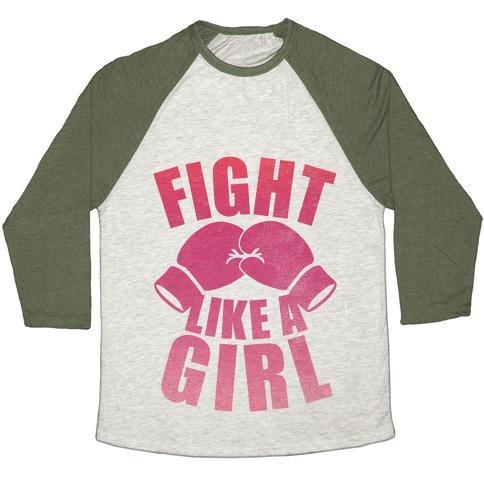 Virgin Teez  Baseball Tee Unisex Tri-Blend Baseball Tee / small / Oatmeal / Moss FIGHT LIKE A GIRL UNISEX TRI-BLEND BASEBALL TEE