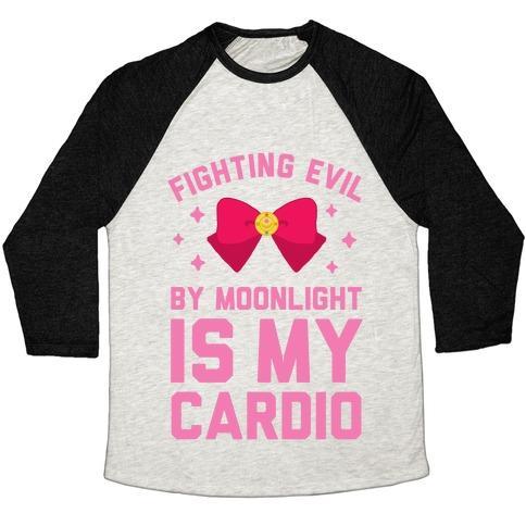 Virgin Teez  Baseball Tee Unisex Tri-Blend Baseball Tee / small / Oatmeal / Black FIGHTING EVIL BY MOONLIGHT IS MY CARDIO UNISEX TRI-BLEND BASEBALL TEE