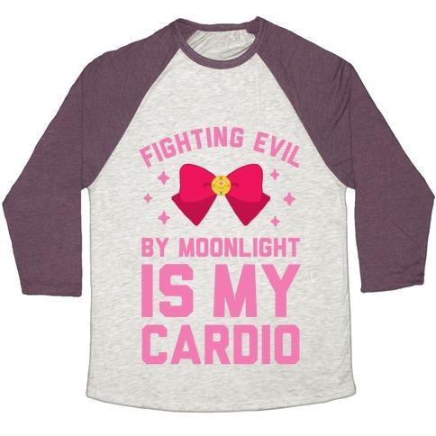 Virgin Teez  Baseball Tee Unisex Tri-Blend Baseball Tee / small / Oatmeal / Maroon FIGHTING EVIL BY MOONLIGHT IS MY CARDIO UNISEX TRI-BLEND BASEBALL TEE
