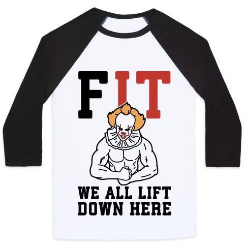 Virgin Teez  Baseball Tee Unisex Classic Baseball Tee / x-small / White/Black FIT WE ALL LIFT DOWN HERE PARODY UNISEX CLASSIC BASEBALL TEE