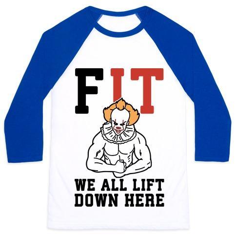 Virgin Teez  Baseball Tee Unisex Classic Baseball Tee / x-small / White/Blue FIT WE ALL LIFT DOWN HERE PARODY UNISEX CLASSIC BASEBALL TEE