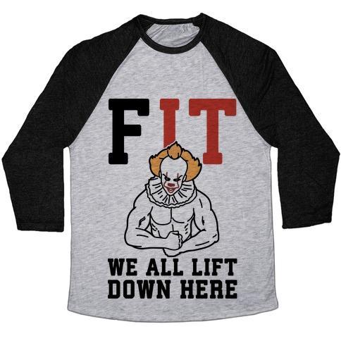 Virgin Teez  Baseball Tee Unisex Tri-Blend Baseball Tee / small / Athletic Gray / Black FIT WE ALL LIFT DOWN HERE PARODY UNISEX TRI-BLEND BASEBALL TEE