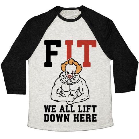 Virgin Teez  Baseball Tee Unisex Tri-Blend Baseball Tee / small / Oatmeal / Black FIT WE ALL LIFT DOWN HERE PARODY UNISEX TRI-BLEND BASEBALL TEE