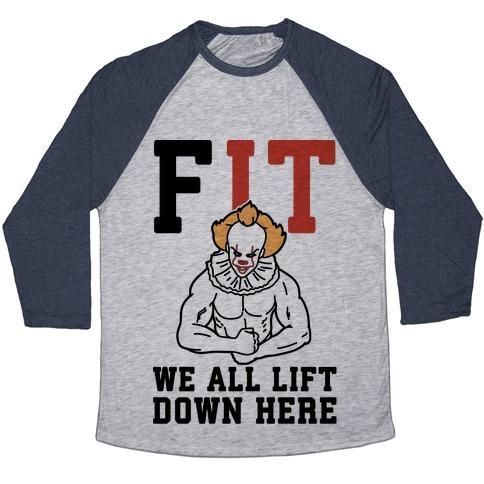 Virgin Teez  Baseball Tee Unisex Tri-Blend Baseball Tee / small / Athletic Gray / Navy FIT WE ALL LIFT DOWN HERE PARODY UNISEX TRI-BLEND BASEBALL TEE