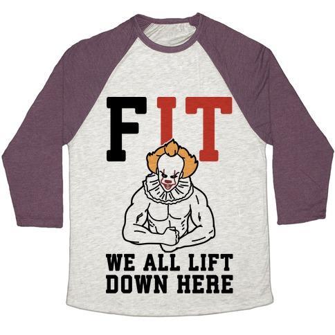 Virgin Teez  Baseball Tee Unisex Tri-Blend Baseball Tee / small / Oatmeal / Maroon FIT WE ALL LIFT DOWN HERE PARODY UNISEX TRI-BLEND BASEBALL TEE