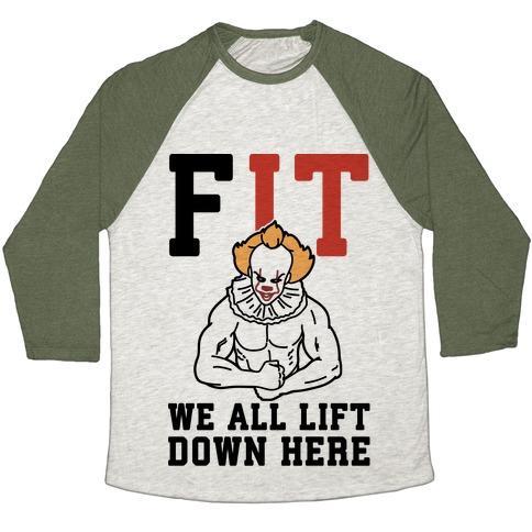 Virgin Teez  Baseball Tee Unisex Tri-Blend Baseball Tee / small / Oatmeal / Moss FIT WE ALL LIFT DOWN HERE PARODY UNISEX TRI-BLEND BASEBALL TEE