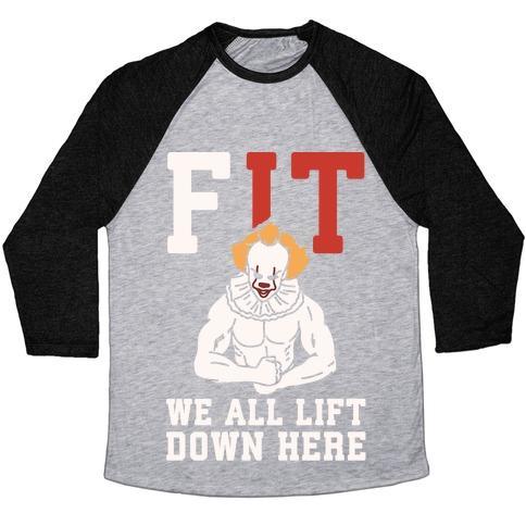 Virgin Teez  Baseball Tee Unisex Tri-Blend Baseball Tee / small / Athletic Gray / Black FIT WE ALL LIFT DOWN HERE PARODY WHITE PRINT UNISEX TRI-BLEND BASEBALL TEE