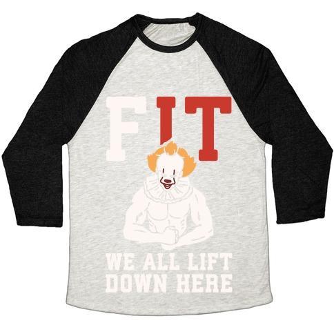 Virgin Teez  Baseball Tee Unisex Tri-Blend Baseball Tee / small / Oatmeal / Black FIT WE ALL LIFT DOWN HERE PARODY WHITE PRINT UNISEX TRI-BLEND BASEBALL TEE