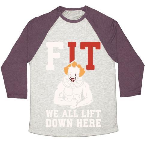 Virgin Teez  Baseball Tee Unisex Tri-Blend Baseball Tee / small / Oatmeal / Maroon FIT WE ALL LIFT DOWN HERE PARODY WHITE PRINT UNISEX TRI-BLEND BASEBALL TEE