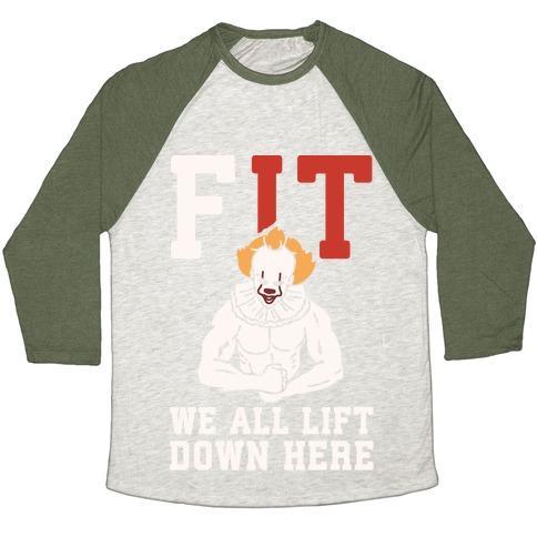 Virgin Teez  Baseball Tee Unisex Tri-Blend Baseball Tee / small / Oatmeal / Moss FIT WE ALL LIFT DOWN HERE PARODY WHITE PRINT UNISEX TRI-BLEND BASEBALL TEE