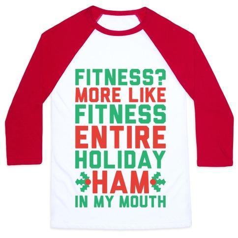Virgin Teez  Baseball Tee Unisex Classic Baseball Tee / x-small / White/Red FITNESS ENTIRE HOLIDAY HAM IN MY MOUTH UNISEX CLASSIC BASEBALL TEE