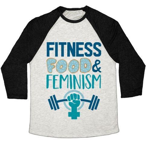 Virgin Teez  Baseball Tee Unisex Tri-Blend Baseball Tee / small / Oatmeal / Black FITNESS, FOOD, AND FEMINISM UNISEX TRI-BLEND BASEBALL TEE