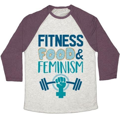 Virgin Teez  Baseball Tee Unisex Tri-Blend Baseball Tee / small / Oatmeal / Maroon FITNESS, FOOD, AND FEMINISM UNISEX TRI-BLEND BASEBALL TEE