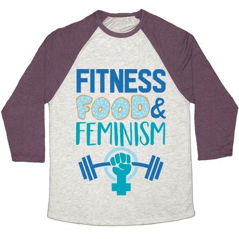 Virgin Teez  Baseball Tee Unisex Tri-Blend Baseball Tee / small / Oatmeal / Maroon FITNESS, FOOD, AND FEMINISM UNISEX TRI-BLEND BASEBALL TEE
