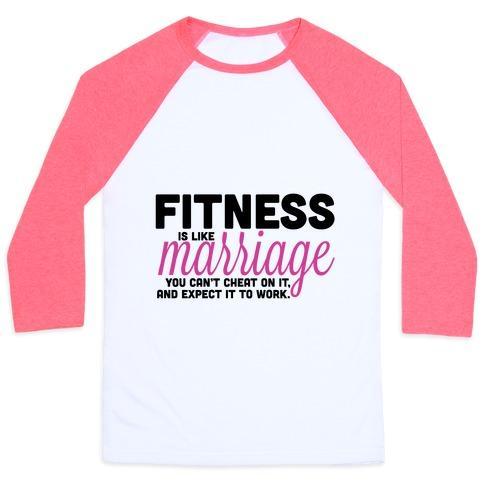 Virgin Teez  Baseball Tee Unisex Classic Baseball Tee / x-small / White/Neon Pink FITNESS IS LIKE MARRIAGE UNISEX CLASSIC BASEBALL TEE