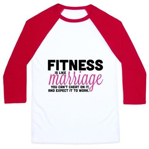 Virgin Teez  Baseball Tee Unisex Classic Baseball Tee / x-small / White/Red FITNESS IS LIKE MARRIAGE UNISEX CLASSIC BASEBALL TEE