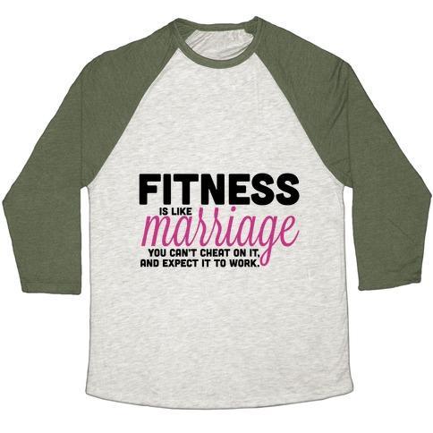 Virgin Teez  Baseball Tee Unisex Tri-Blend Baseball Tee / small / Oatmeal / Moss FITNESS IS LIKE MARRIAGE UNISEX TRI-BLEND BASEBALL TEE