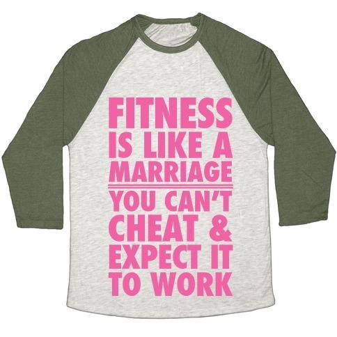 Virgin Teez  Baseball Tee Unisex Tri-Blend Baseball Tee / small / Oatmeal / Moss FITNESS IS LIKE MARRIAGE UNISEX TRI-BLEND BASEBALL TEE