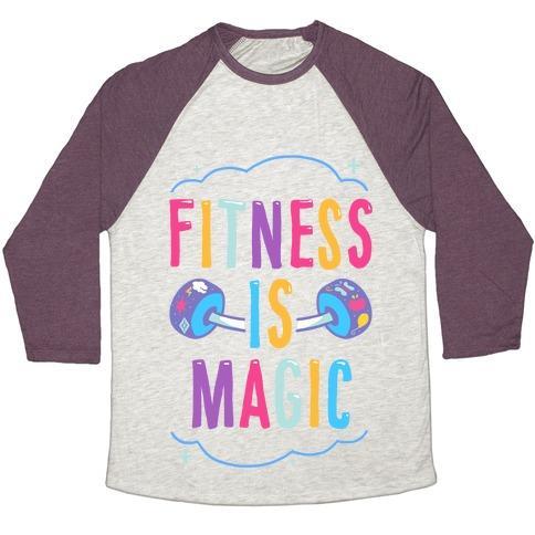 Virgin Teez  Baseball Tee Unisex Tri-Blend Baseball Tee / small / Oatmeal / Maroon FITNESS IS MAGIC UNISEX TRI-BLEND BASEBALL TEE