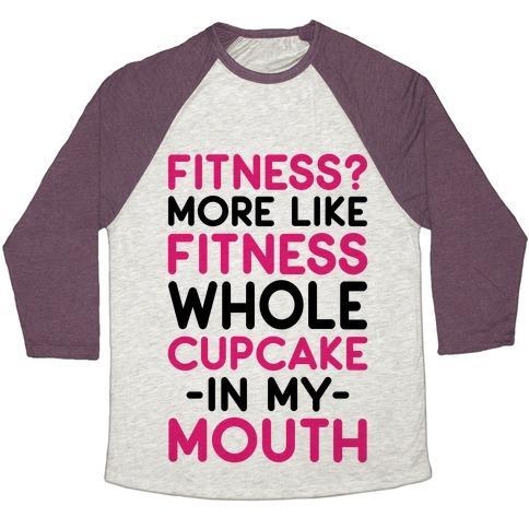 Virgin Teez  Baseball Tee Unisex Tri-Blend Baseball Tee / small / Oatmeal / Maroon FITNESS MORE LIKE FITNESS WHOLE CUPCAKE UNISEX TRI-BLEND BASEBALL TEE