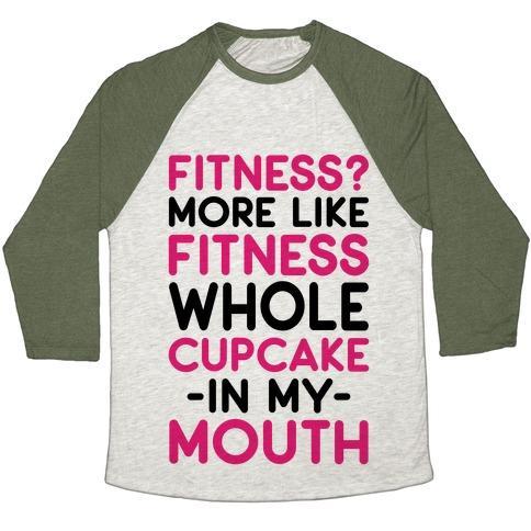 Virgin Teez  Baseball Tee Unisex Tri-Blend Baseball Tee / small / Oatmeal / Moss FITNESS MORE LIKE FITNESS WHOLE CUPCAKE UNISEX TRI-BLEND BASEBALL TEE