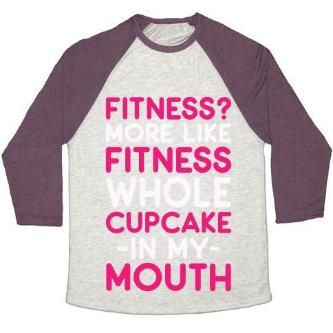 Virgin Teez  Baseball Tee Unisex Tri-Blend Baseball Tee / small / Oatmeal / Maroon FITNESS MORE LIKE FITNESS WHOLE CUPCAKE UNISEX TRI-BLEND BASEBALL TEE