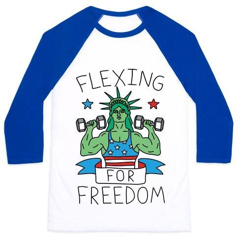 Virgin Teez  Baseball Tee Unisex Classic Baseball Tee / x-small / White/Blue FLEXING FOR FREEDOM UNISEX CLASSIC BASEBALL TEE