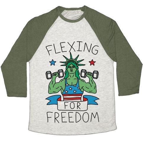 Virgin Teez  Baseball Tee Unisex Tri-Blend Baseball Tee / small / Oatmeal / Moss FLEXING FOR FREEDOM UNISEX TRI-BLEND BASEBALL TEE