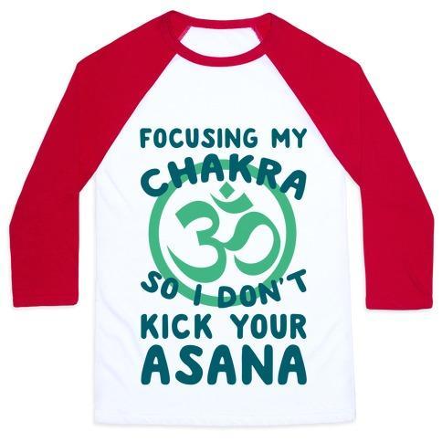 Virgin Teez  Baseball Tee Unisex Classic Baseball Tee / x-small / White/Red FOCUSING MY CHAKRA SO I DON'T KICK YOUR ASANA UNISEX CLASSIC BASEBALL TEE