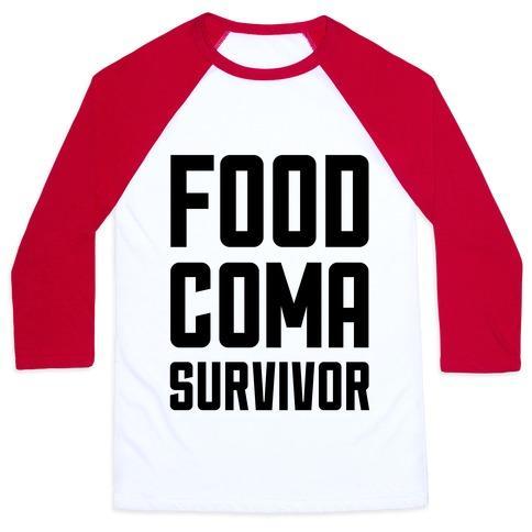 Virgin Teez  Baseball Tee Unisex Classic Baseball Tee / x-small / White/Red FOOD COMA SURVIVOR UNISEX CLASSIC BASEBALL TEE