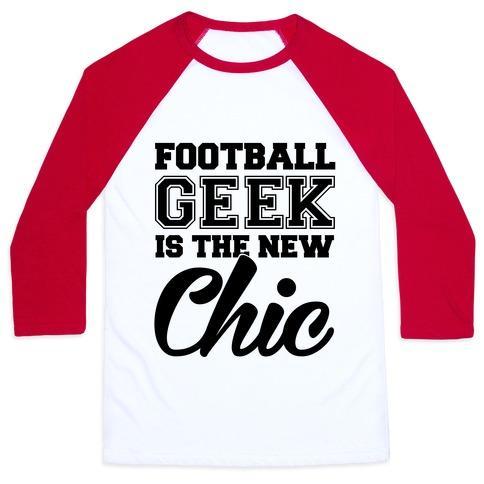 Virgin Teez  Baseball Tee Unisex Classic Baseball Tee / x-small / White/Red FOOTBALL GEEK IS THE NEW CHIC UNISEX CLASSIC BASEBALL TEE