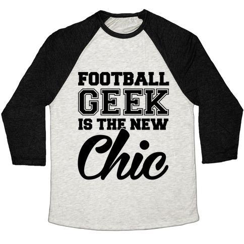 Virgin Teez  Baseball Tee Unisex Tri-Blend Baseball Tee / small / Oatmeal / Black FOOTBALL GEEK IS THE NEW CHIC UNISEX TRI-BLEND BASEBALL TEE