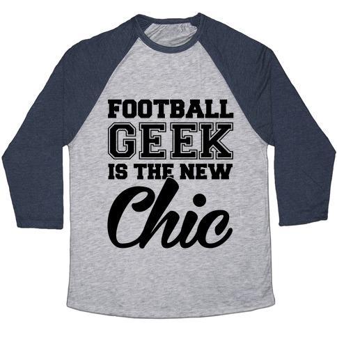 Virgin Teez  Baseball Tee Unisex Tri-Blend Baseball Tee / small / Athletic Gray / Navy FOOTBALL GEEK IS THE NEW CHIC UNISEX TRI-BLEND BASEBALL TEE