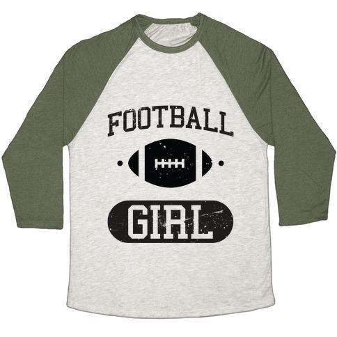 Virgin Teez  Baseball Tee Unisex Tri-Blend Baseball Tee / small / Oatmeal / Moss FOOTBALL GIRL UNISEX TRI-BLEND BASEBALL TEE