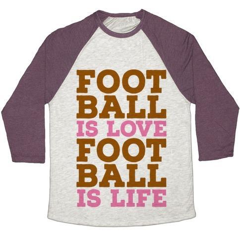 Virgin Teez  Baseball Tee Unisex Tri-Blend Baseball Tee / small / Oatmeal / Maroon FOOTBALL IS LOVE FOOTBALL IS LIFE UNISEX TRI-BLEND BASEBALL TEE