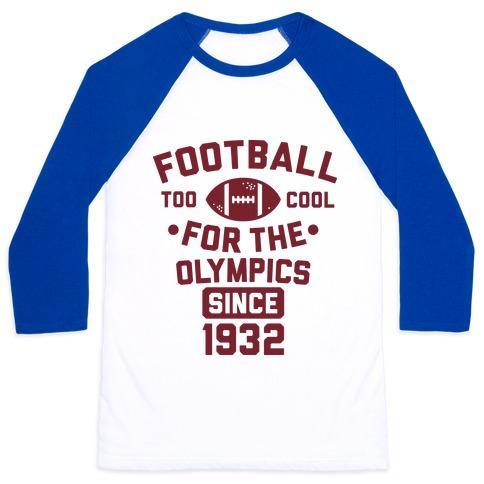 Virgin Teez  Baseball Tee Unisex Classic Baseball Tee / x-small / White/Blue FOOTBALL: TOO COOL FOR THE OLYMPICS SINCE 1932 UNISEX CLASSIC BASEBALL TEE