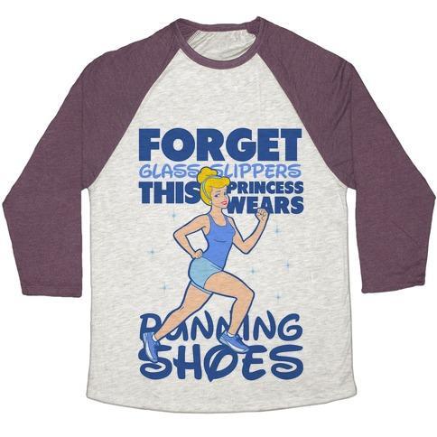 Virgin Teez  Baseball Tee Unisex Tri-Blend Baseball Tee / small / Oatmeal / Maroon FORGET GLASS SLIPPERS THIS PRINCESS WEARS RUNNING SHOES UNISEX TRI-BLEND BASEBALL TEE