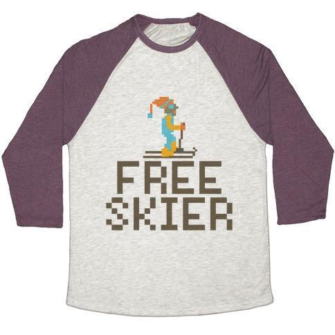 Virgin Teez  Baseball Tee Unisex Tri-Blend Baseball Tee / small / Oatmeal / Maroon FREE SKIER FOREVER UNISEX TRI-BLEND BASEBALL TEE