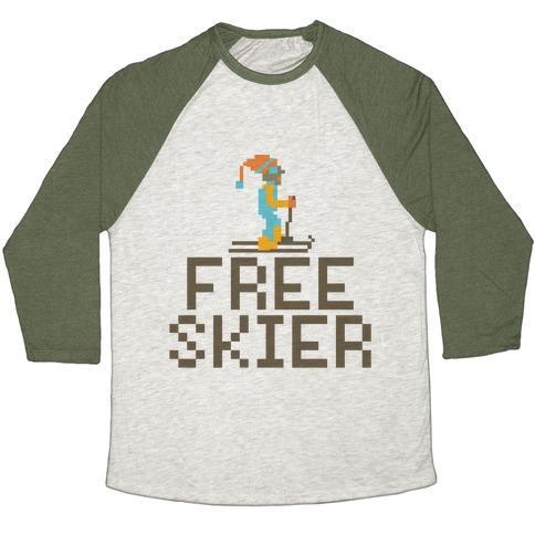Virgin Teez  Baseball Tee Unisex Tri-Blend Baseball Tee / small / Oatmeal / Moss FREE SKIER FOREVER UNISEX TRI-BLEND BASEBALL TEE