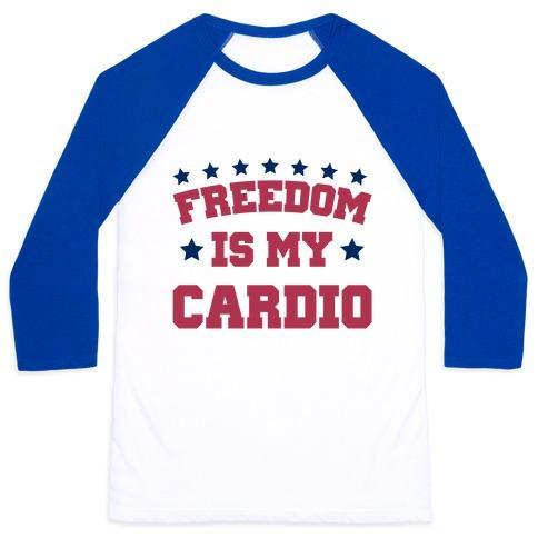 Virgin Teez  Baseball Tee Unisex Classic Baseball Tee / x-small / White/Blue FREEDOM IS MY CARDIO UNISEX CLASSIC BASEBALL TEE