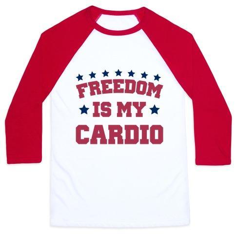 Virgin Teez  Baseball Tee Unisex Classic Baseball Tee / x-small / White/Red FREEDOM IS MY CARDIO UNISEX CLASSIC BASEBALL TEE